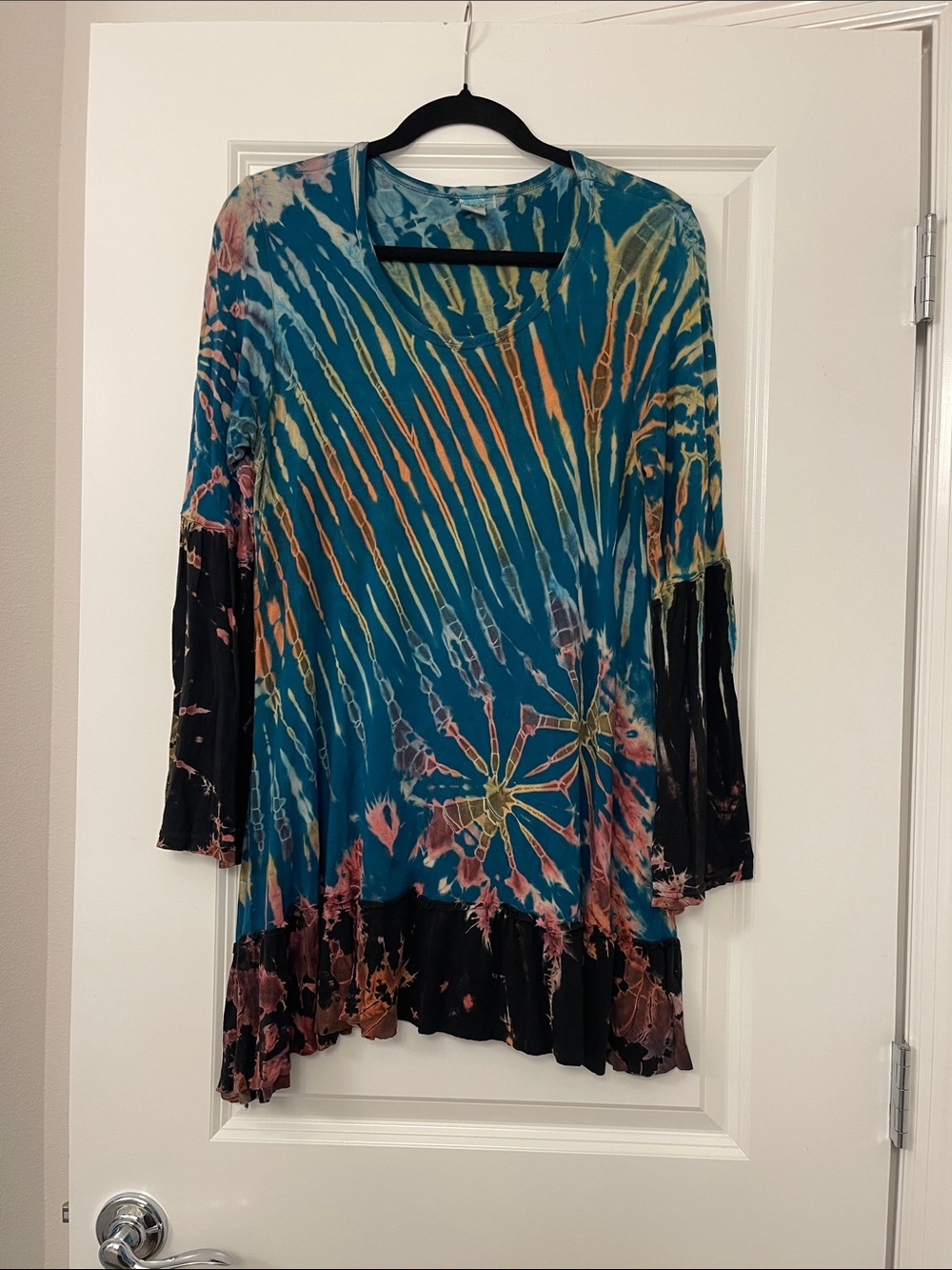 Kathmandu Teal Tie-Dye Long Sleeve Tunic with Black Panels